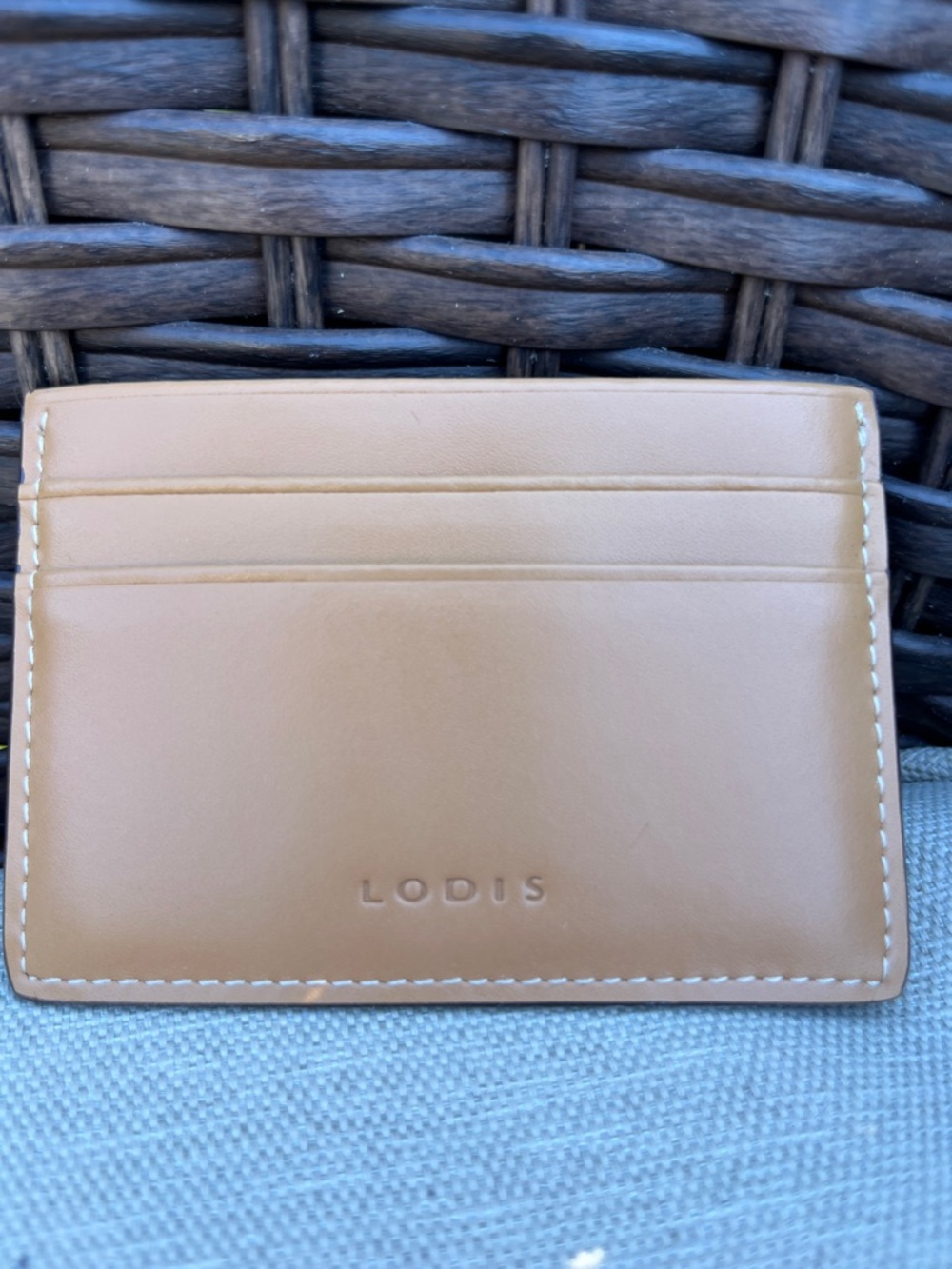 New Lodis Camel Leather Card Sleeve with White Stitching